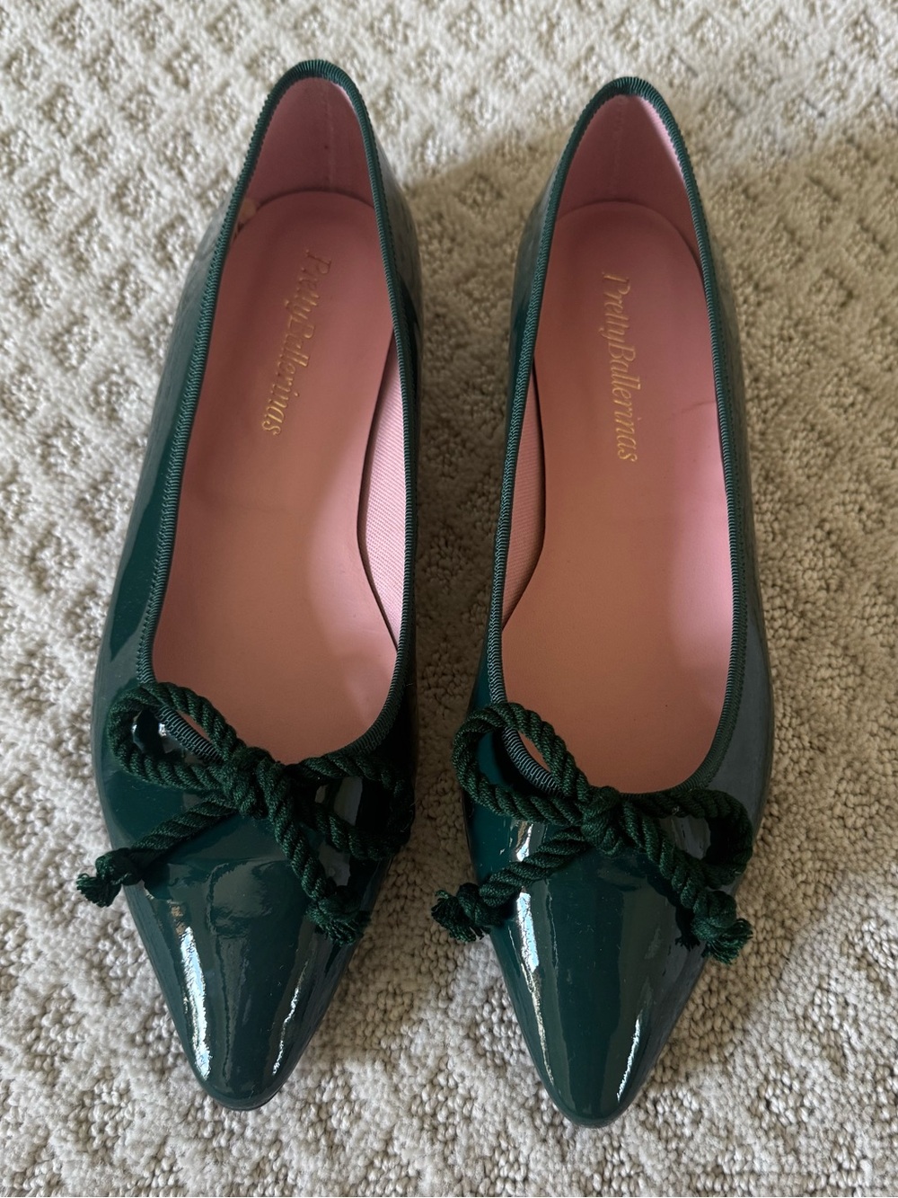Pretty Ballerinas Dark Green Patent Pointed Toe Flats with Rope Bow